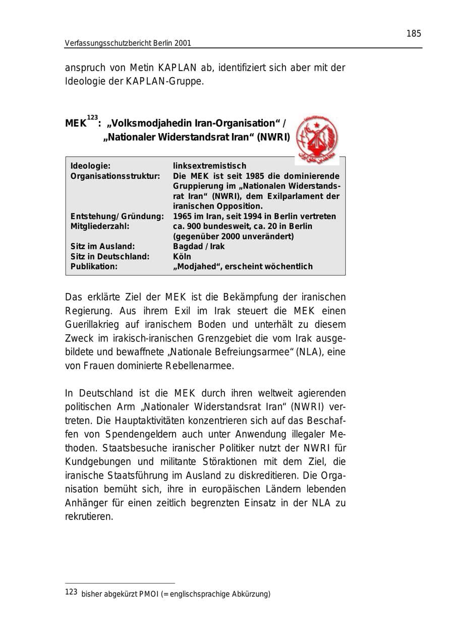 Seite 185 des Verfassungsschutzbericht 2001 Berlin