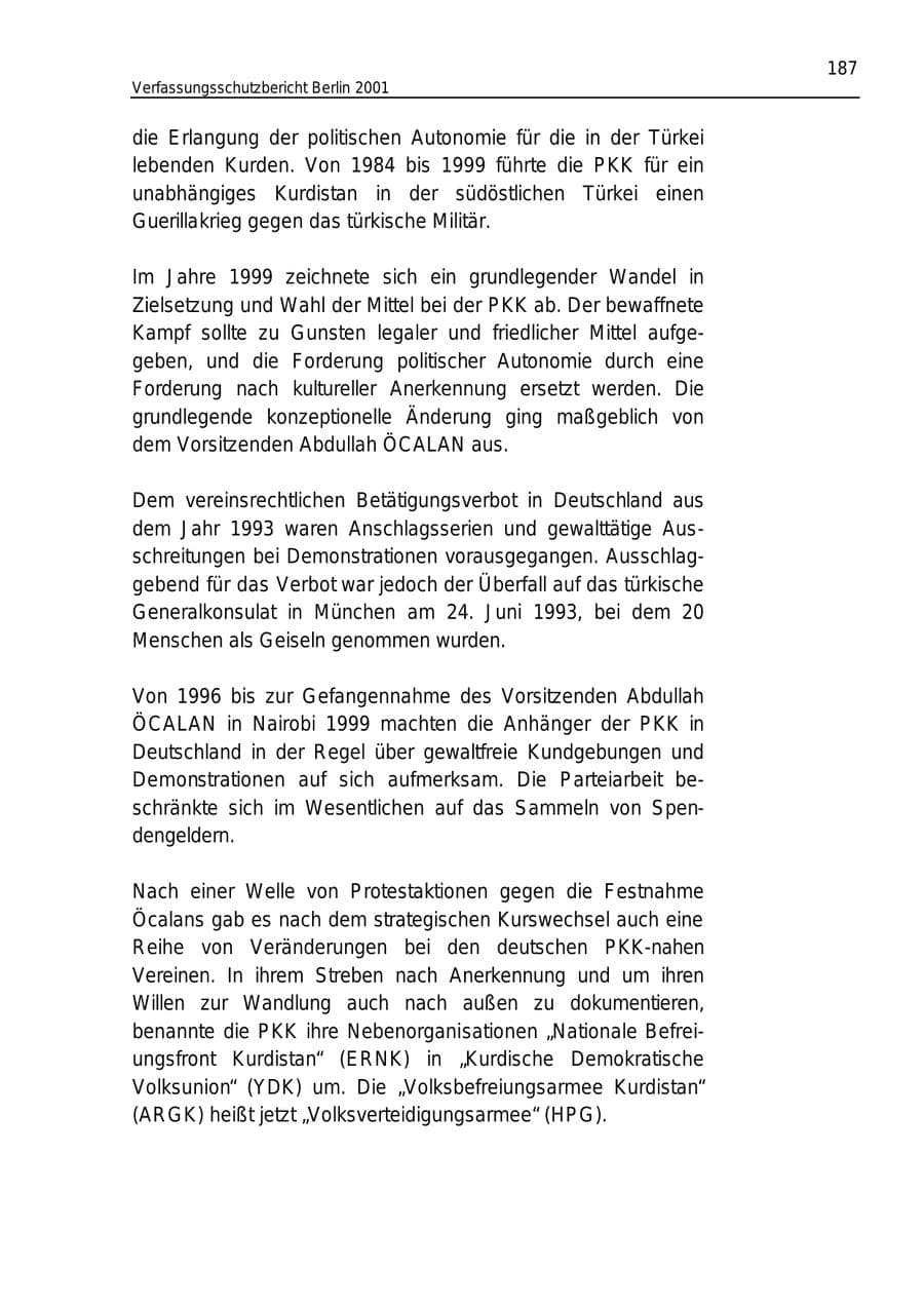 Seite 187 des Verfassungsschutzbericht 2001 Berlin