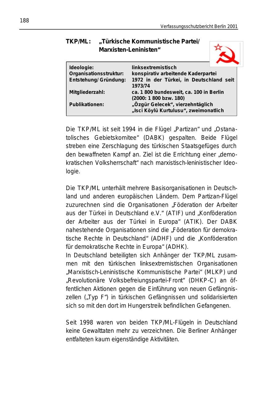 Seite 188 des Verfassungsschutzbericht 2001 Berlin