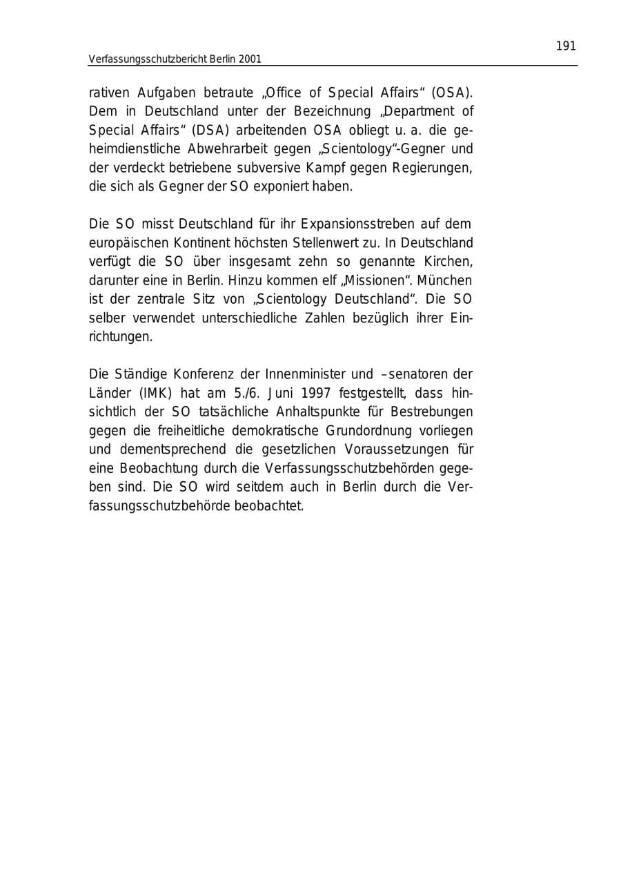 Seite 191 des Verfassungsschutzbericht 2001 Berlin