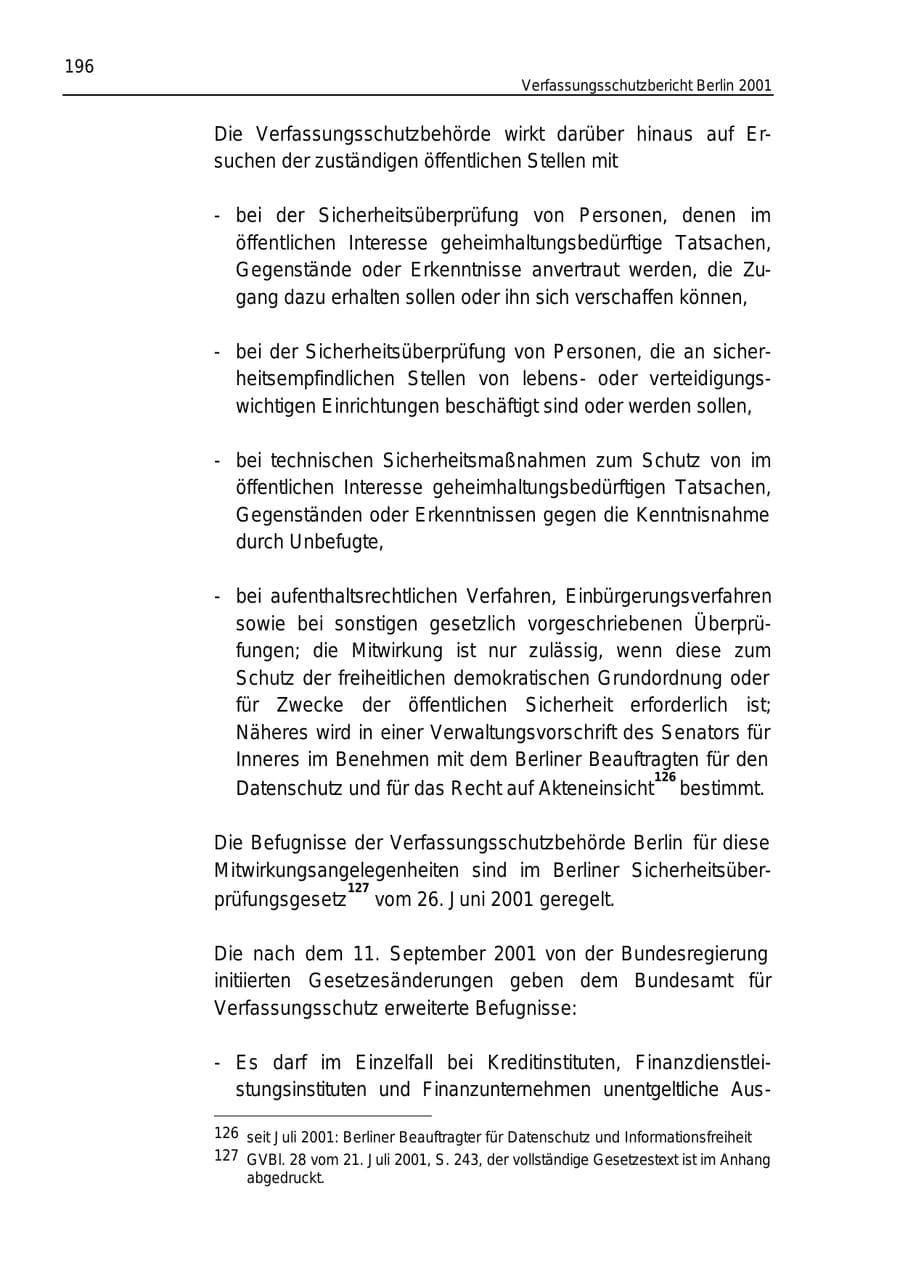 Seite 196 des Verfassungsschutzbericht 2001 Berlin