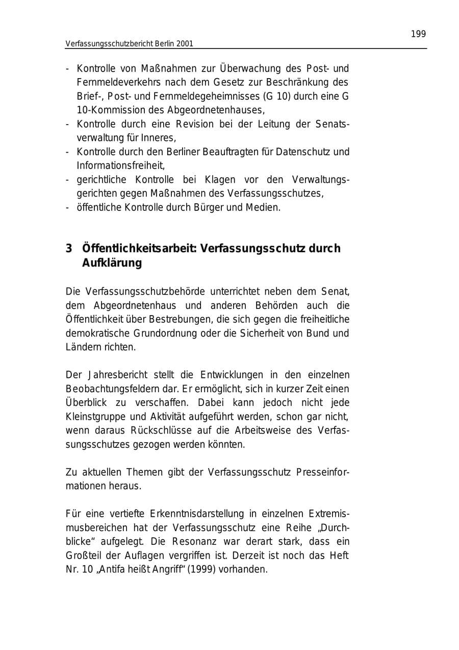 Seite 199 des Verfassungsschutzbericht 2001 Berlin