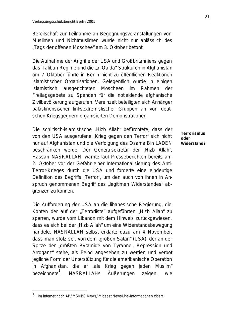 Seite 21 des Verfassungsschutzbericht 2001 Berlin