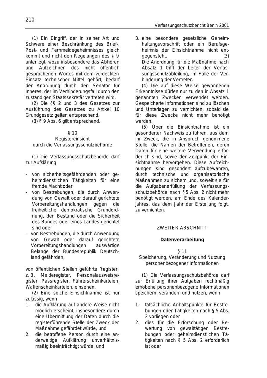 Seite 210 des Verfassungsschutzbericht 2001 Berlin