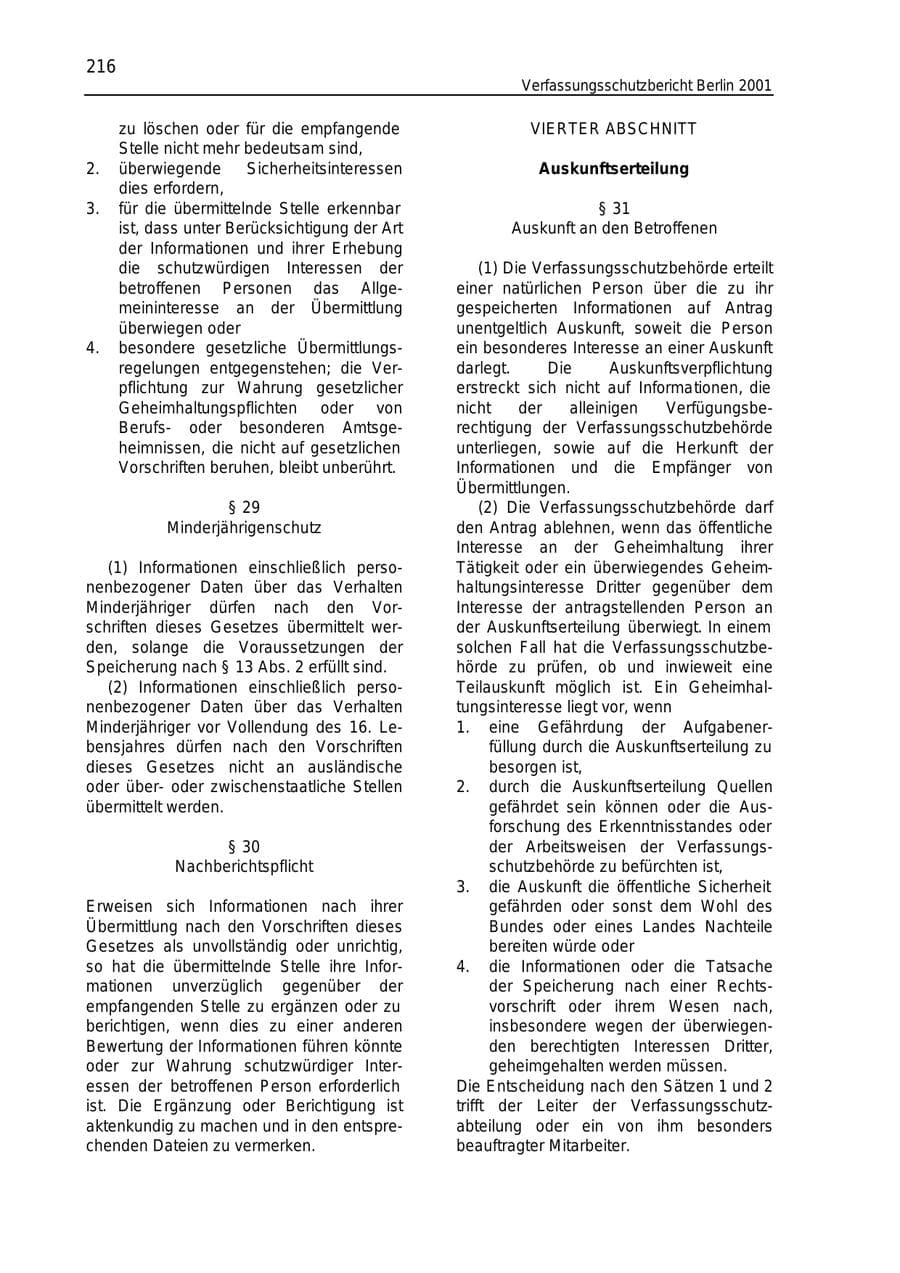 Seite 216 des Verfassungsschutzbericht 2001 Berlin