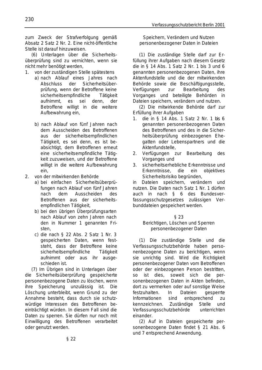 Seite 230 des Verfassungsschutzbericht 2001 Berlin