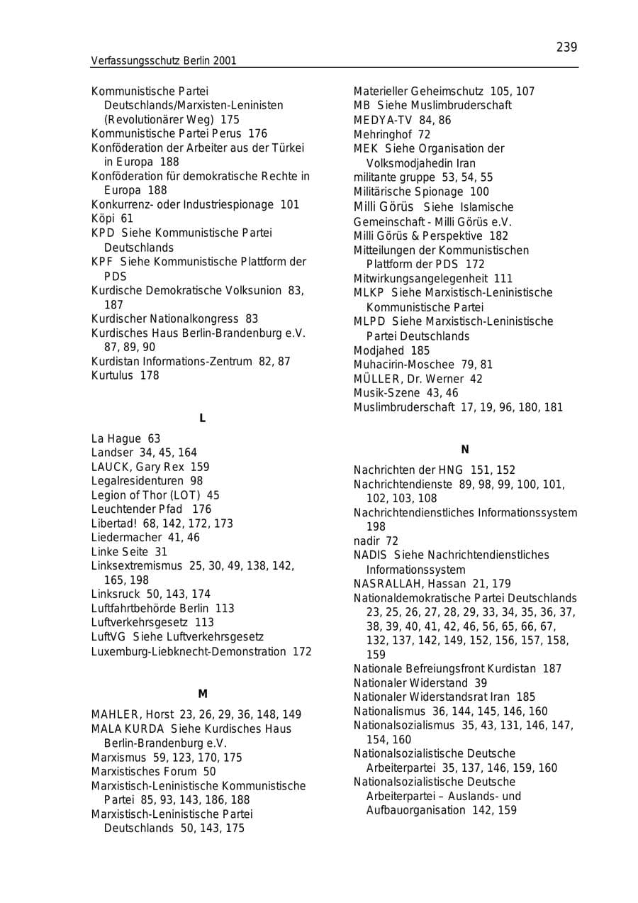 Seite 239 des Verfassungsschutzbericht 2001 Berlin