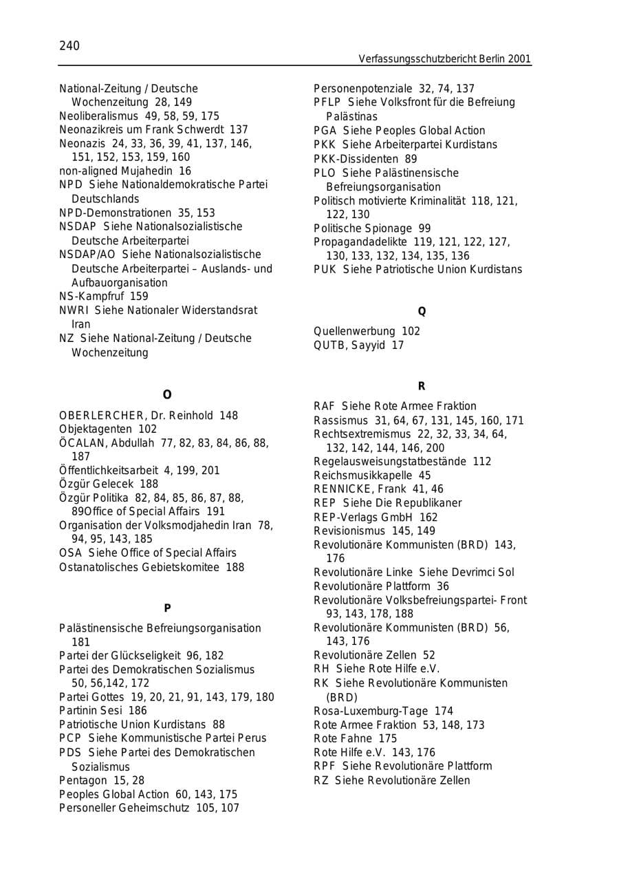 Seite 240 des Verfassungsschutzbericht 2001 Berlin