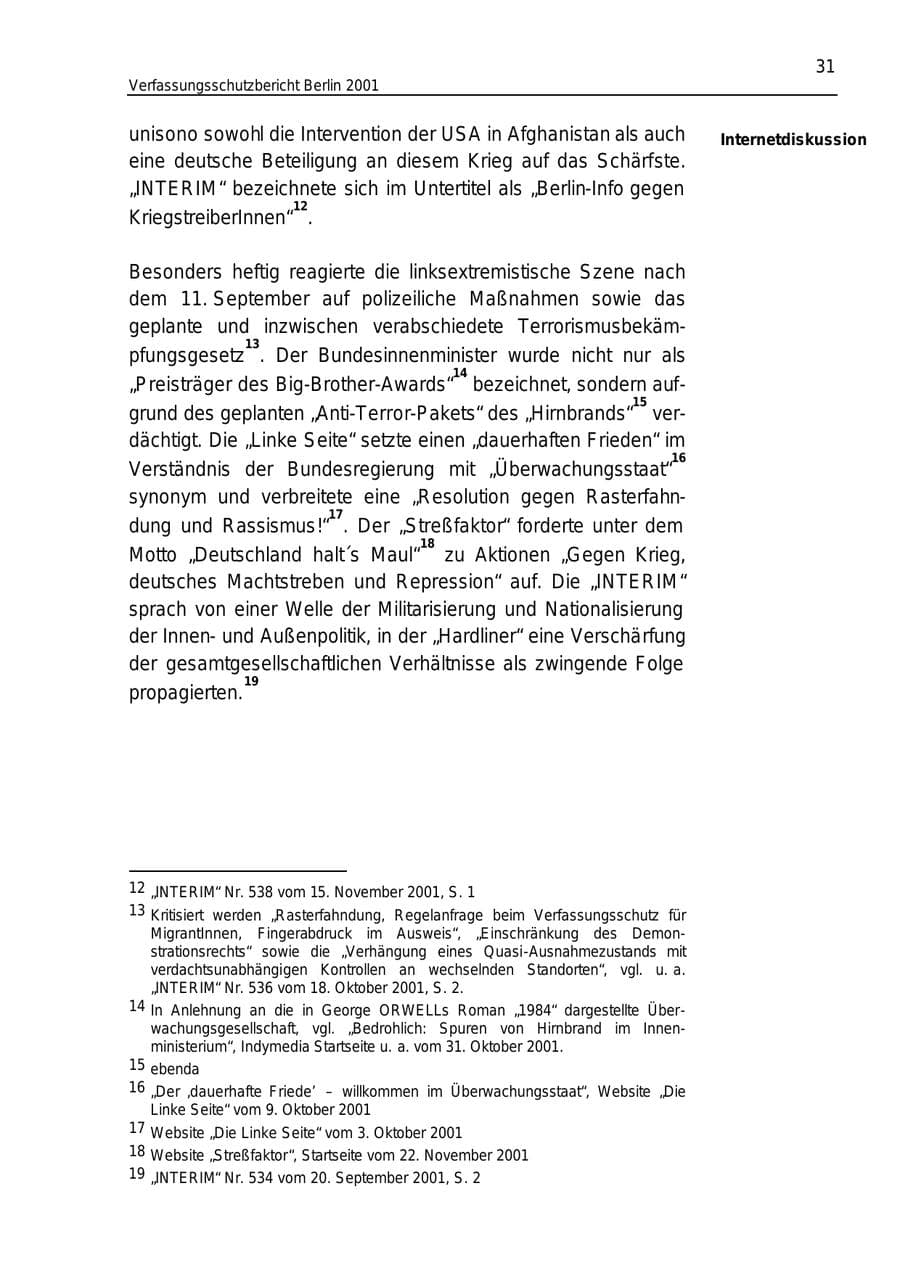 Seite 31 des Verfassungsschutzbericht 2001 Berlin