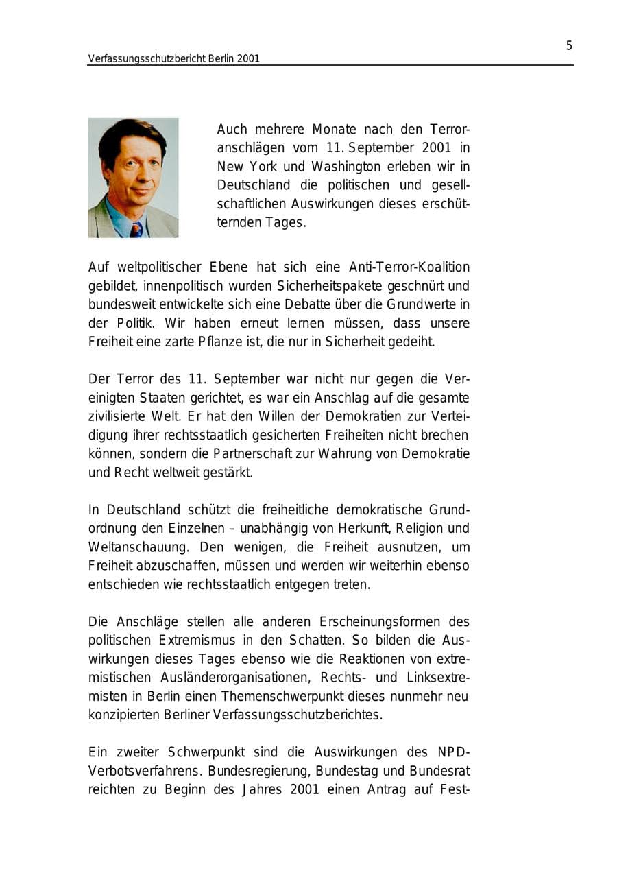 Seite 5 des Verfassungsschutzbericht 2001 Berlin