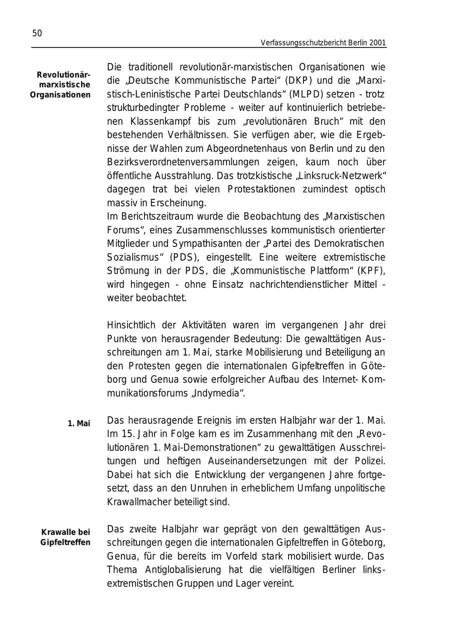 Seite 50 des Verfassungsschutzbericht 2001 Berlin