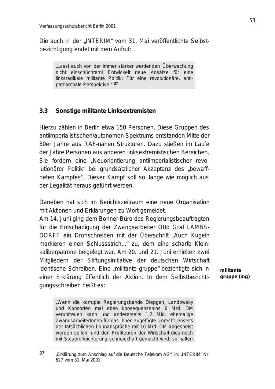 Seite 53 des Verfassungsschutzbericht 2001 Berlin