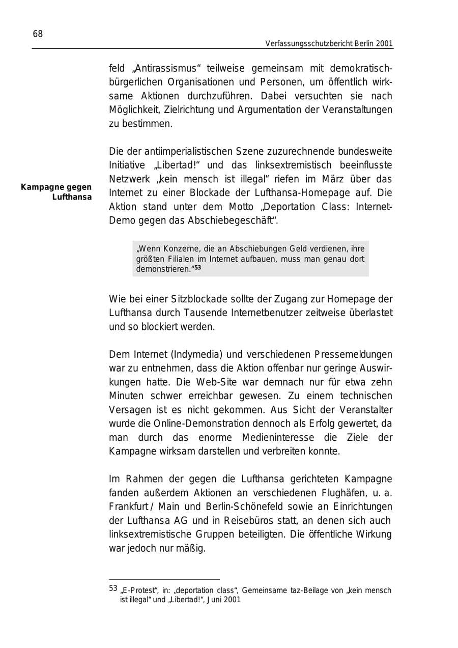 Seite 68 des Verfassungsschutzbericht 2001 Berlin