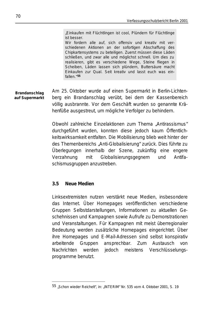 Seite 70 des Verfassungsschutzbericht 2001 Berlin