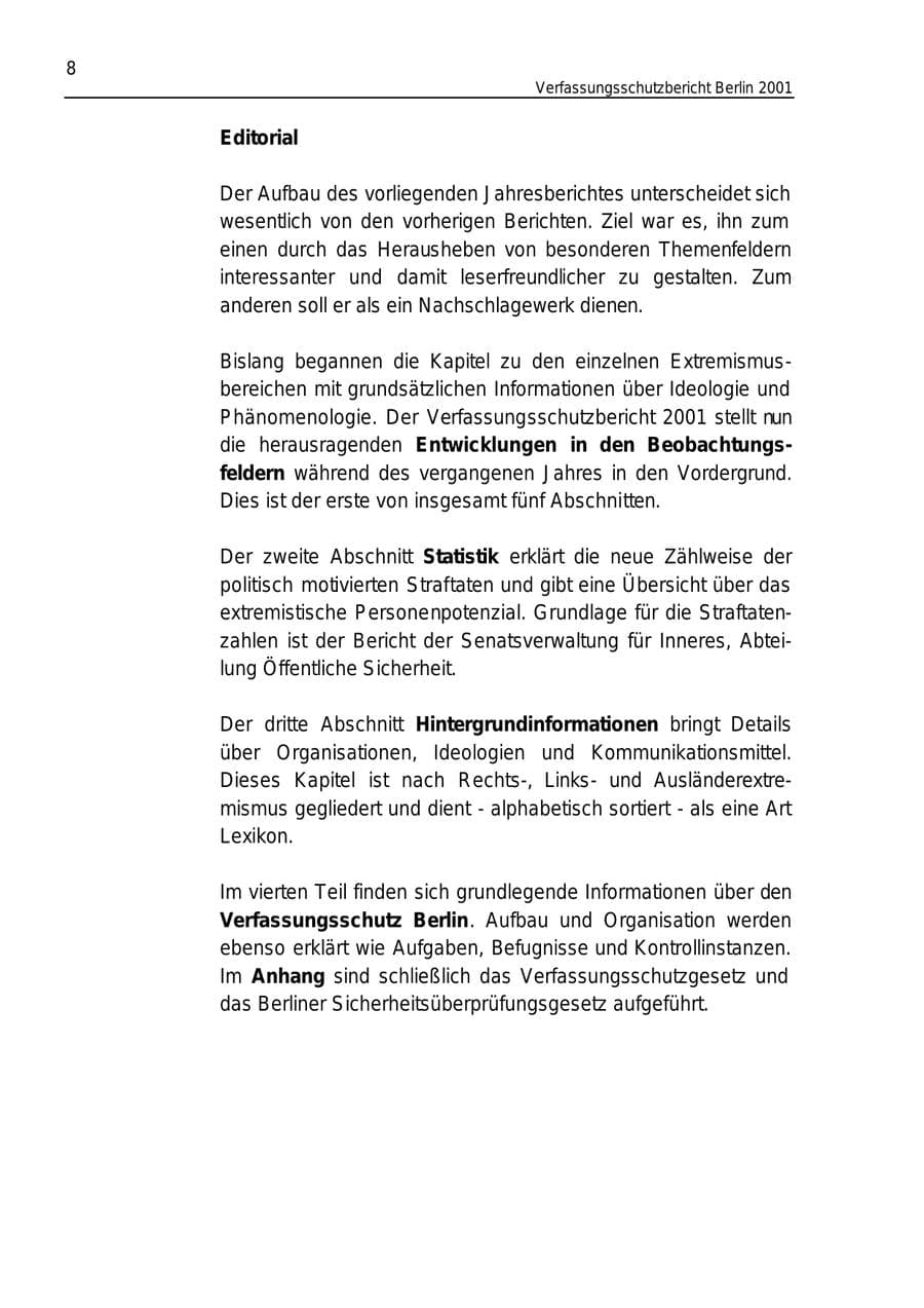 Seite 8 des Verfassungsschutzbericht 2001 Berlin