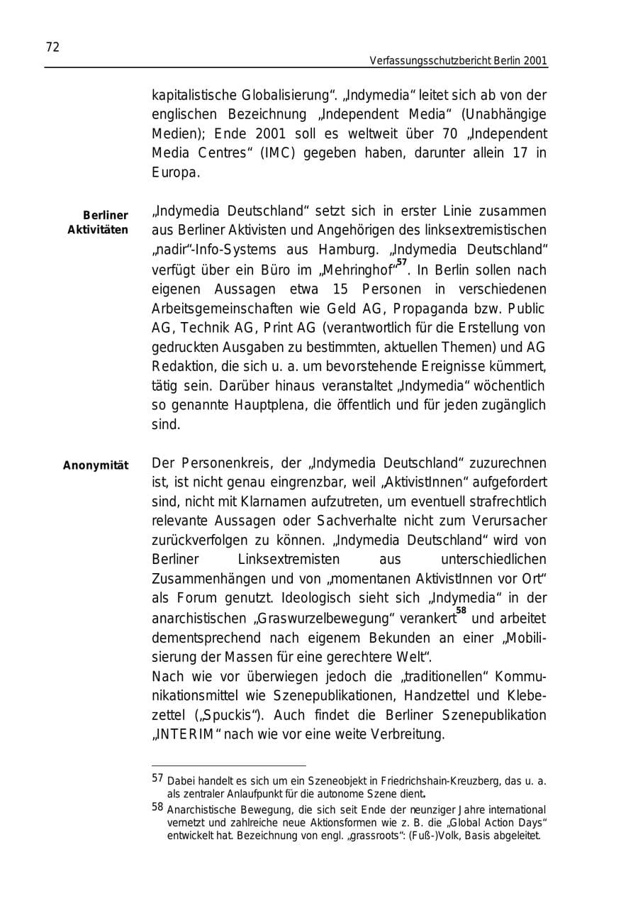Seite 72 des Verfassungsschutzbericht 2001 Berlin