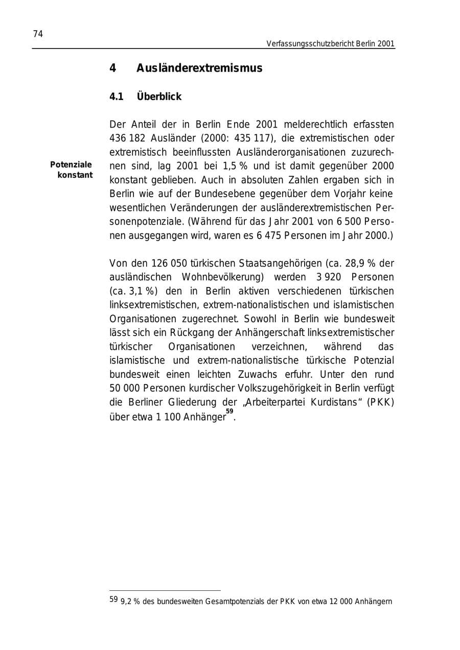 Seite 74 des Verfassungsschutzbericht 2001 Berlin