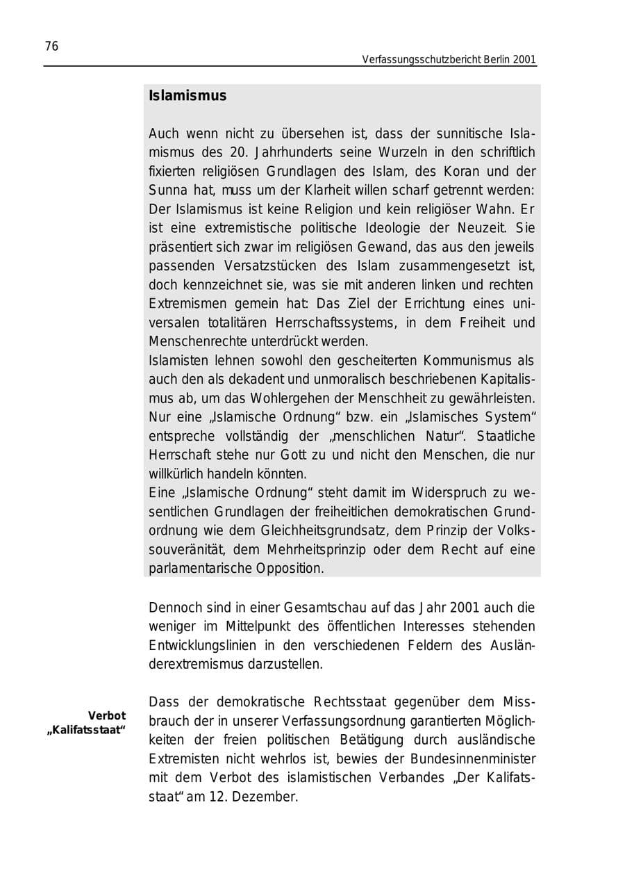 Seite 76 des Verfassungsschutzbericht 2001 Berlin
