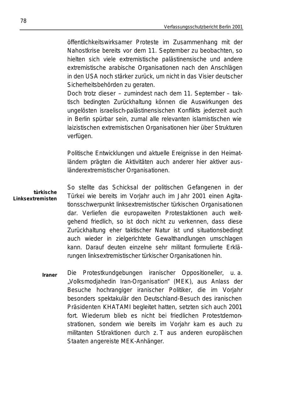 Seite 78 des Verfassungsschutzbericht 2001 Berlin