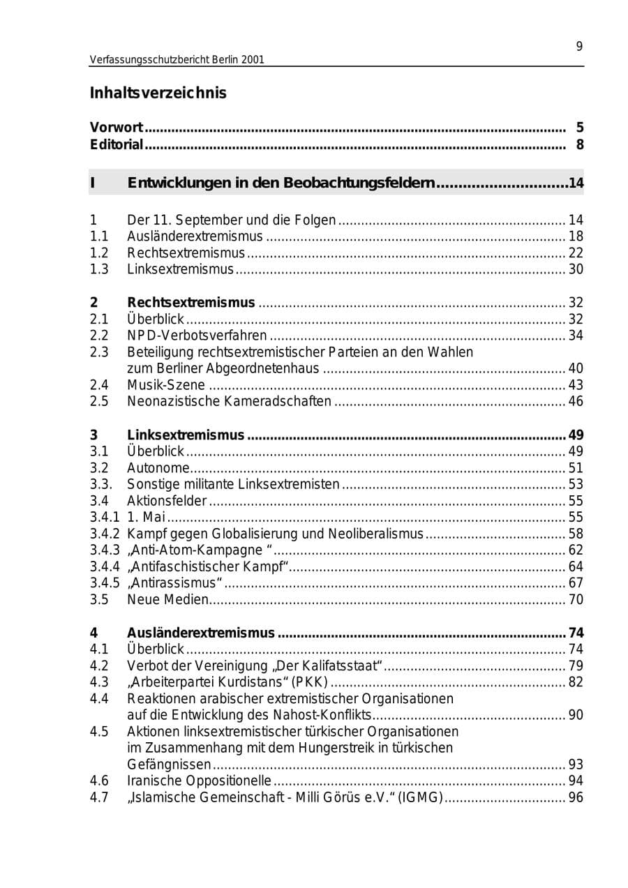 Seite 9 des Verfassungsschutzbericht 2001 Berlin