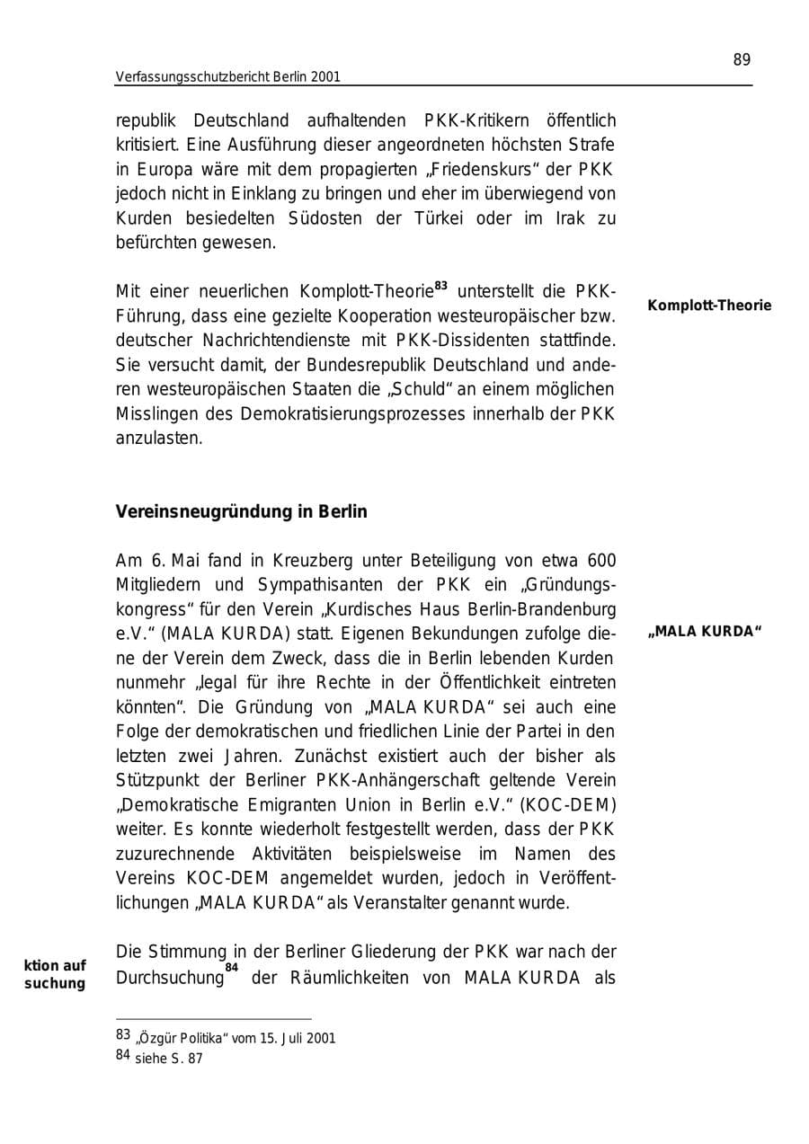 Seite 89 des Verfassungsschutzbericht 2001 Berlin
