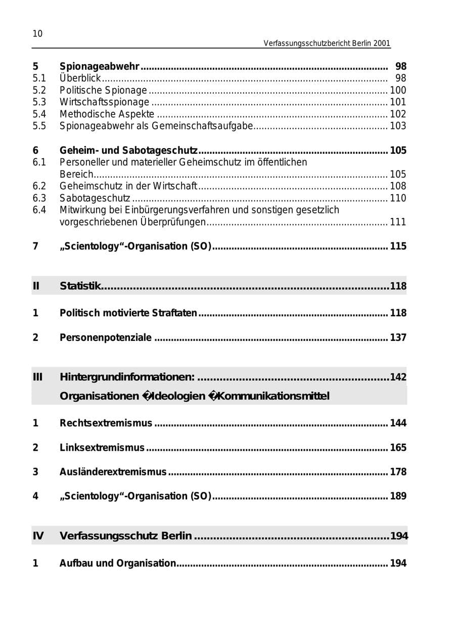 Seite 10 des Verfassungsschutzbericht 2001 Berlin