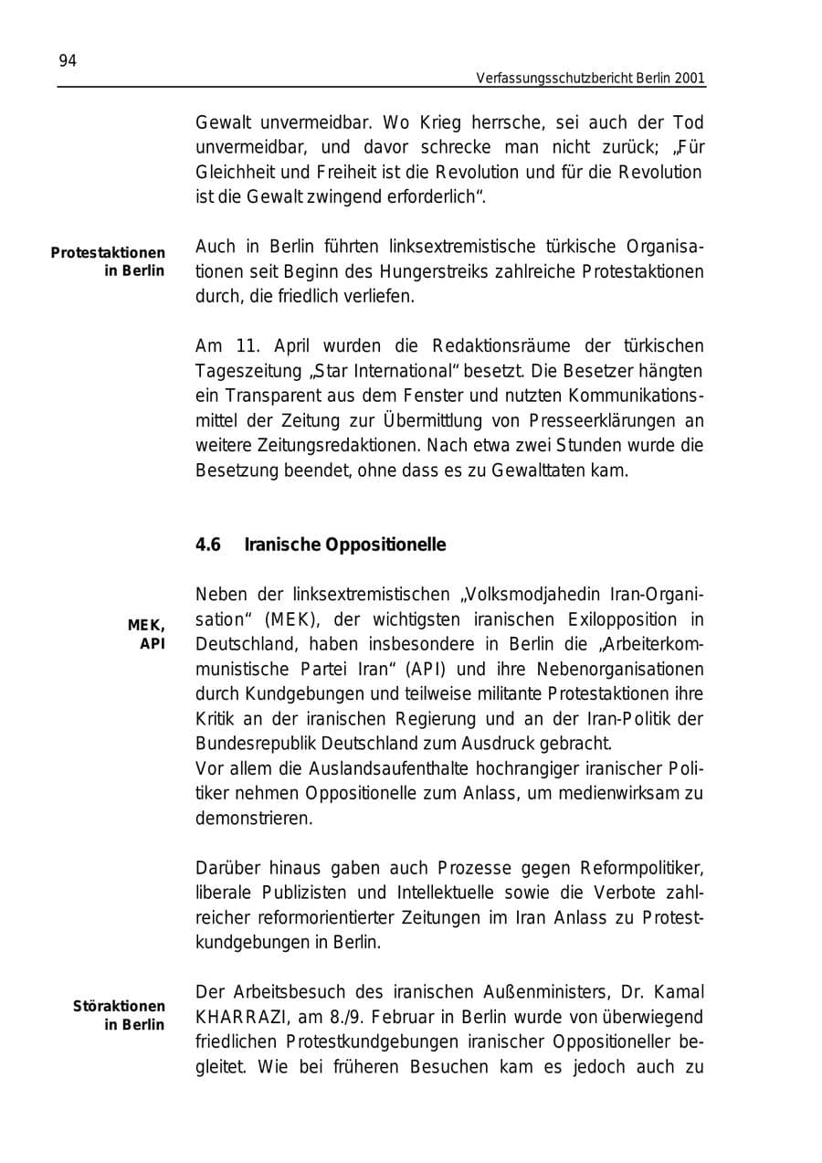 Seite 94 des Verfassungsschutzbericht 2001 Berlin