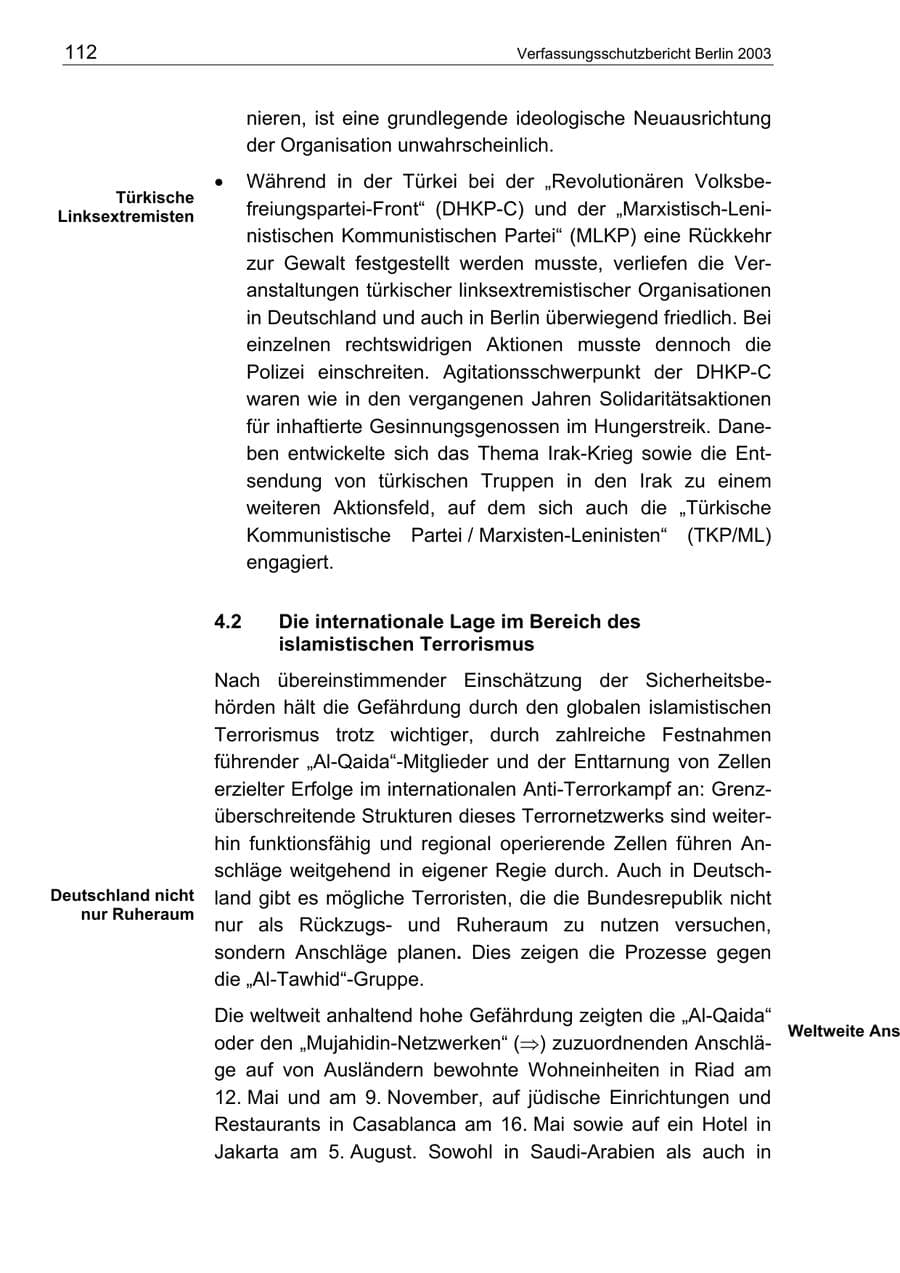 Seite 112 des Verfassungsschutzbericht 2003 Berlin