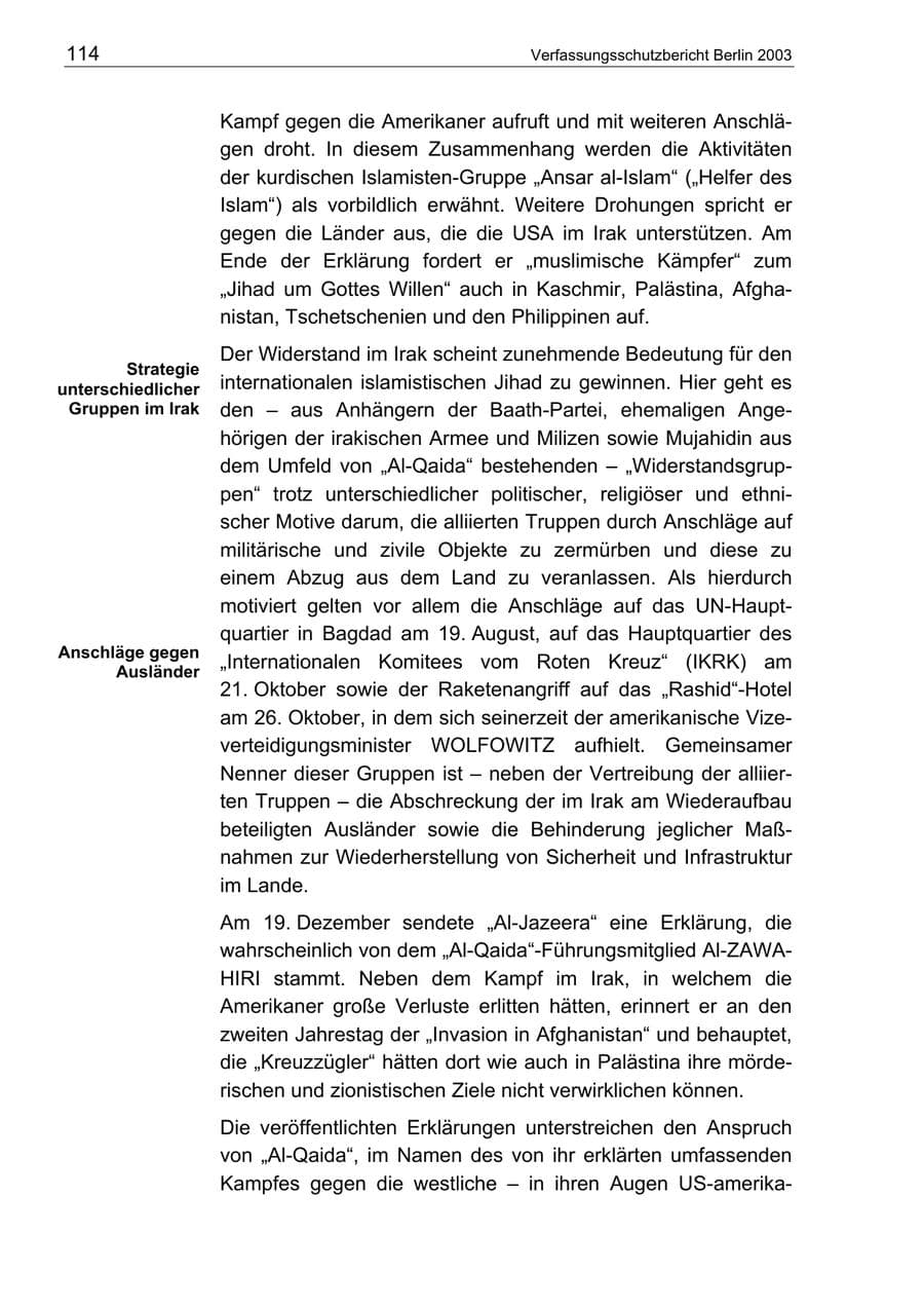 Seite 114 des Verfassungsschutzbericht 2003 Berlin