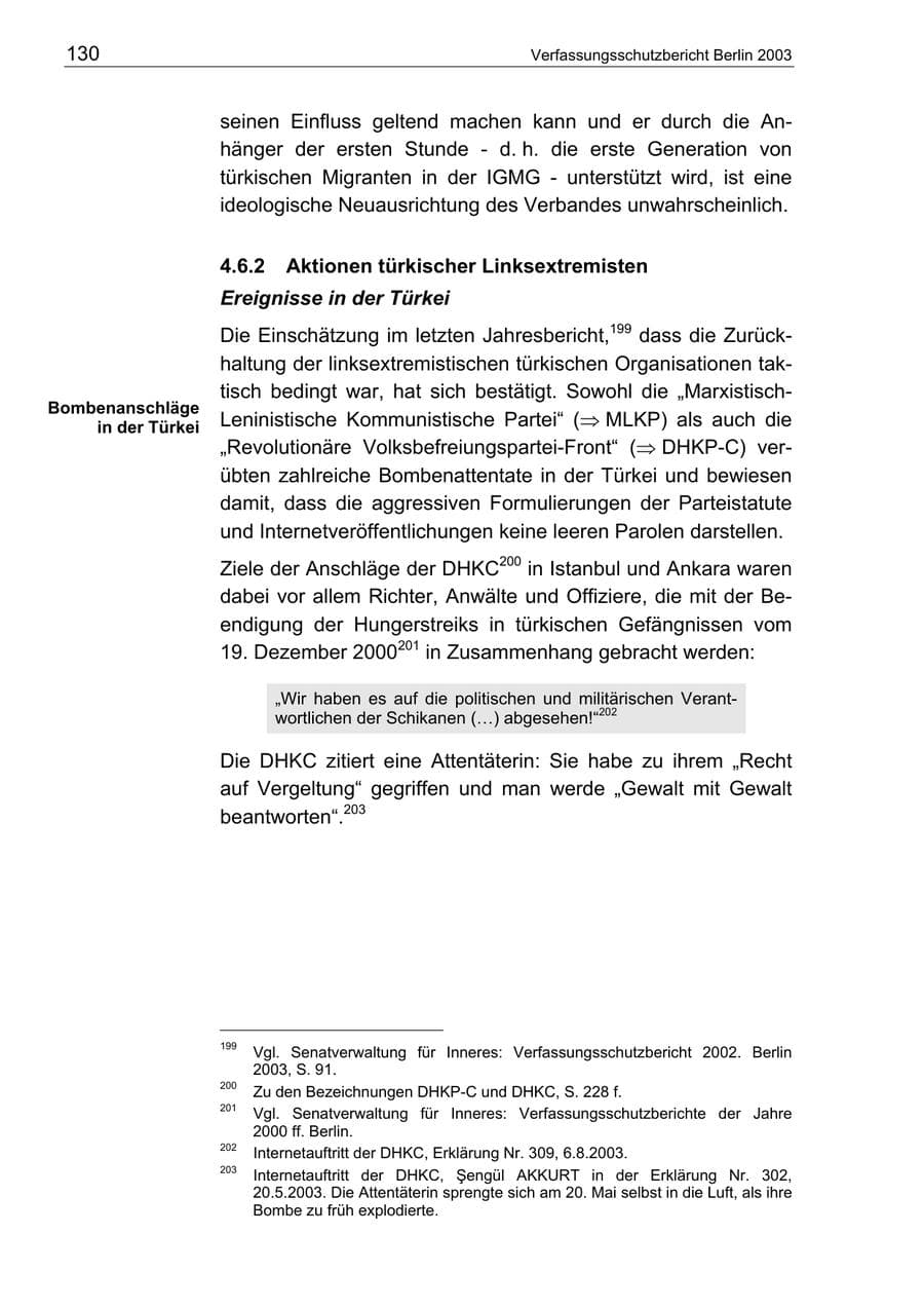 Seite 130 des Verfassungsschutzbericht 2003 Berlin