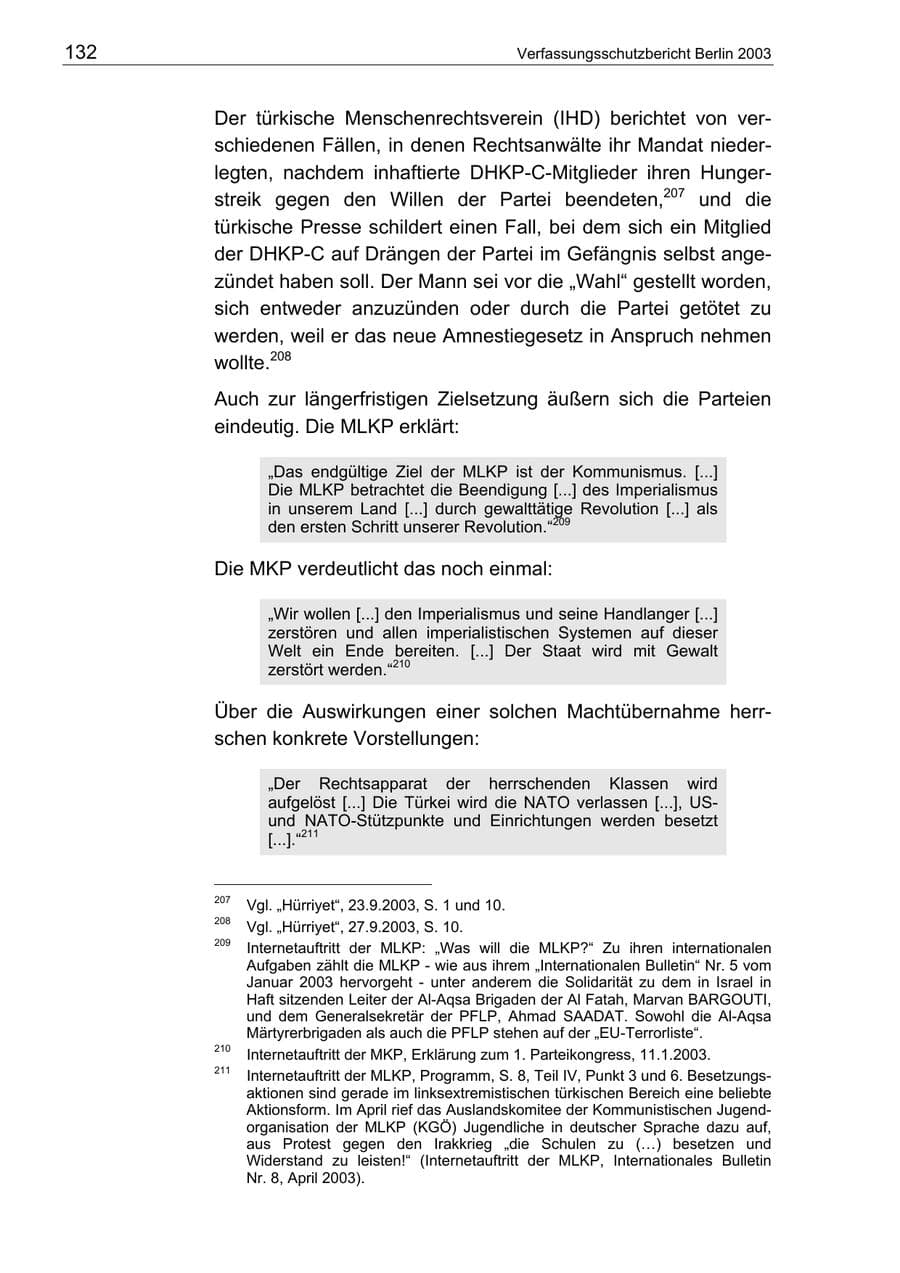 Seite 132 des Verfassungsschutzbericht 2003 Berlin