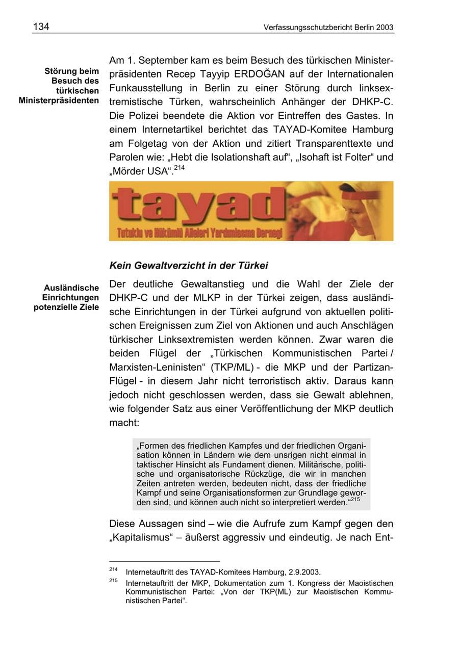 Seite 134 des Verfassungsschutzbericht 2003 Berlin