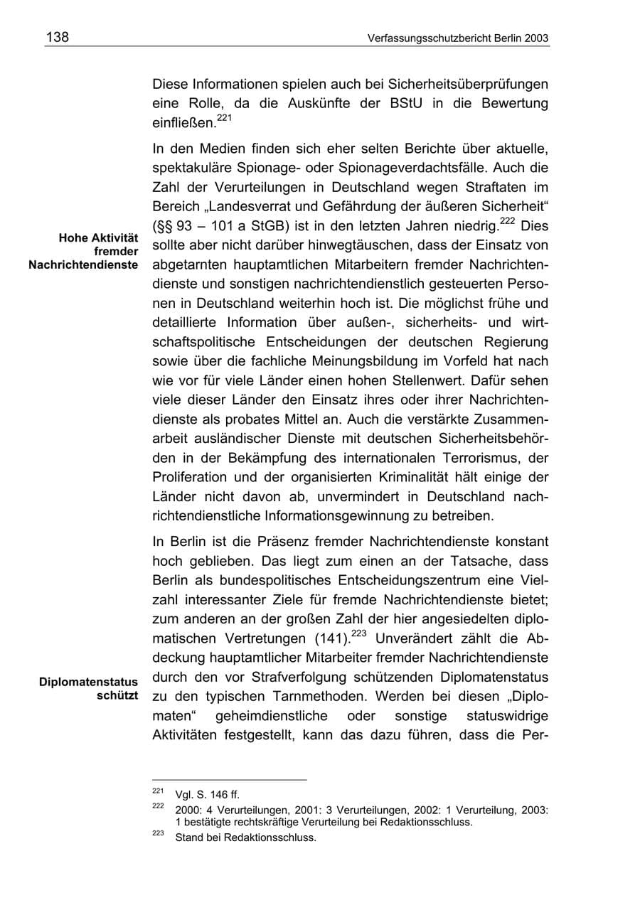 Seite 138 des Verfassungsschutzbericht 2003 Berlin
