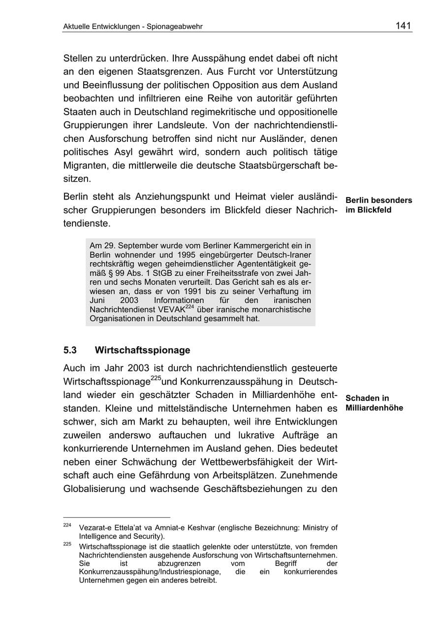 Seite 141 des Verfassungsschutzbericht 2003 Berlin
