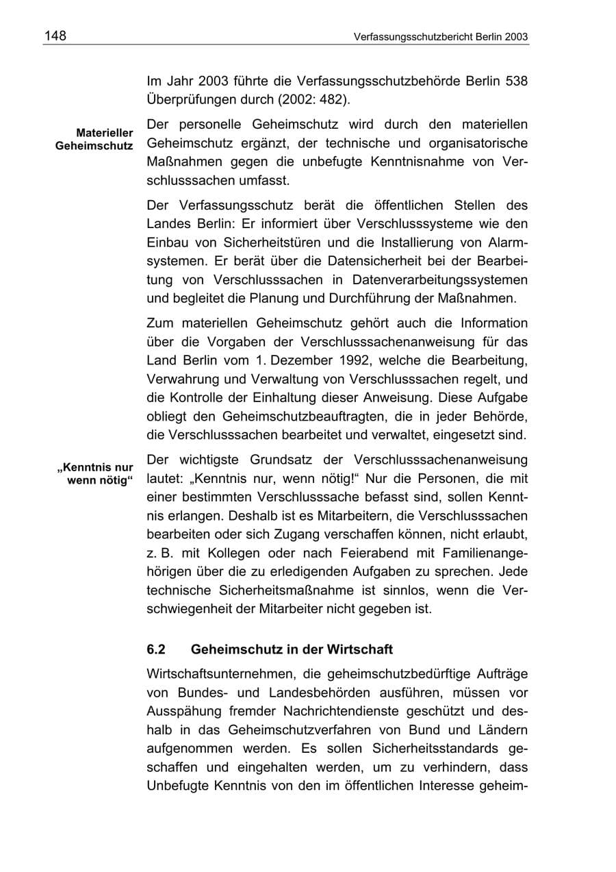 Seite 148 des Verfassungsschutzbericht 2003 Berlin