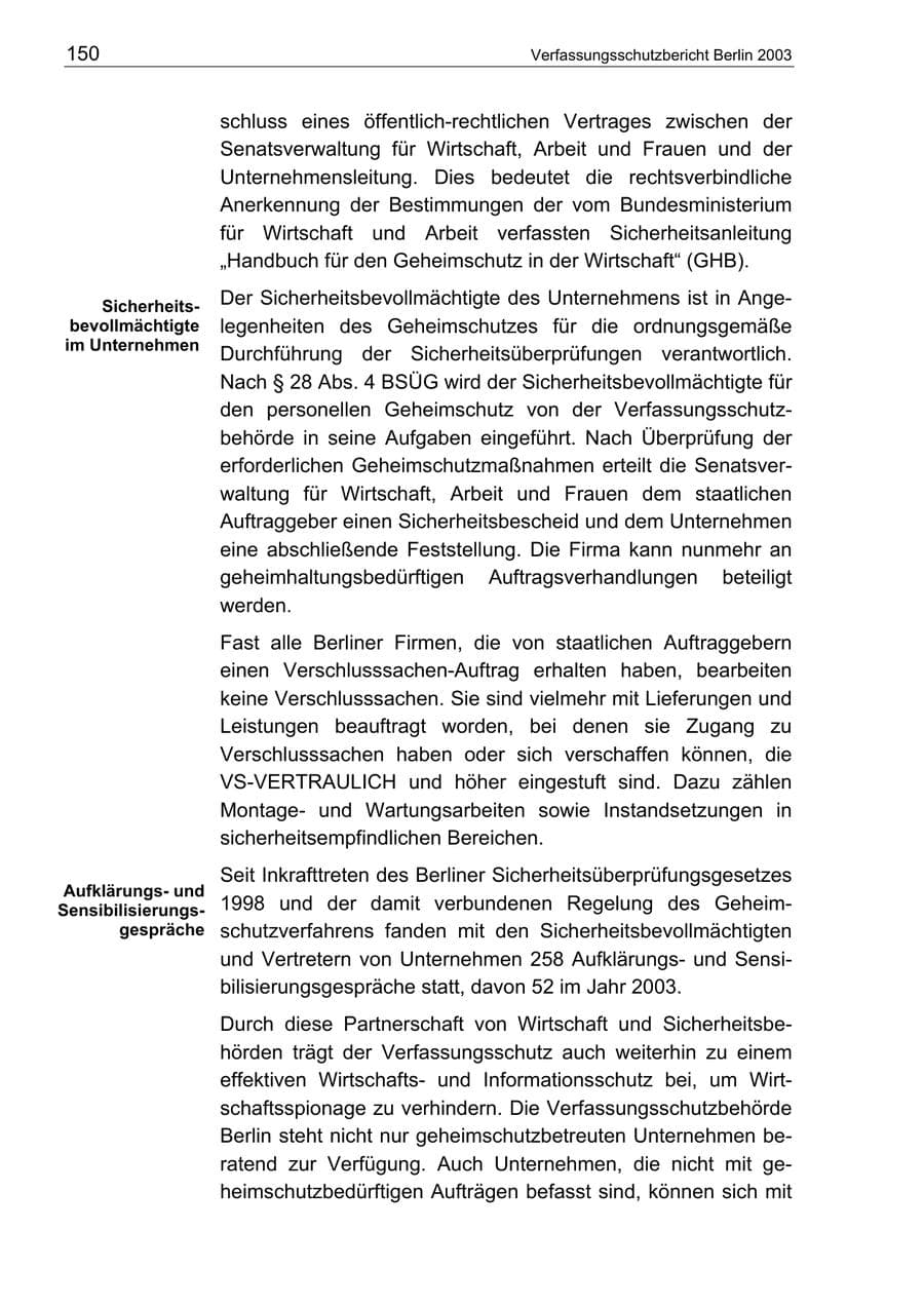 Seite 150 des Verfassungsschutzbericht 2003 Berlin
