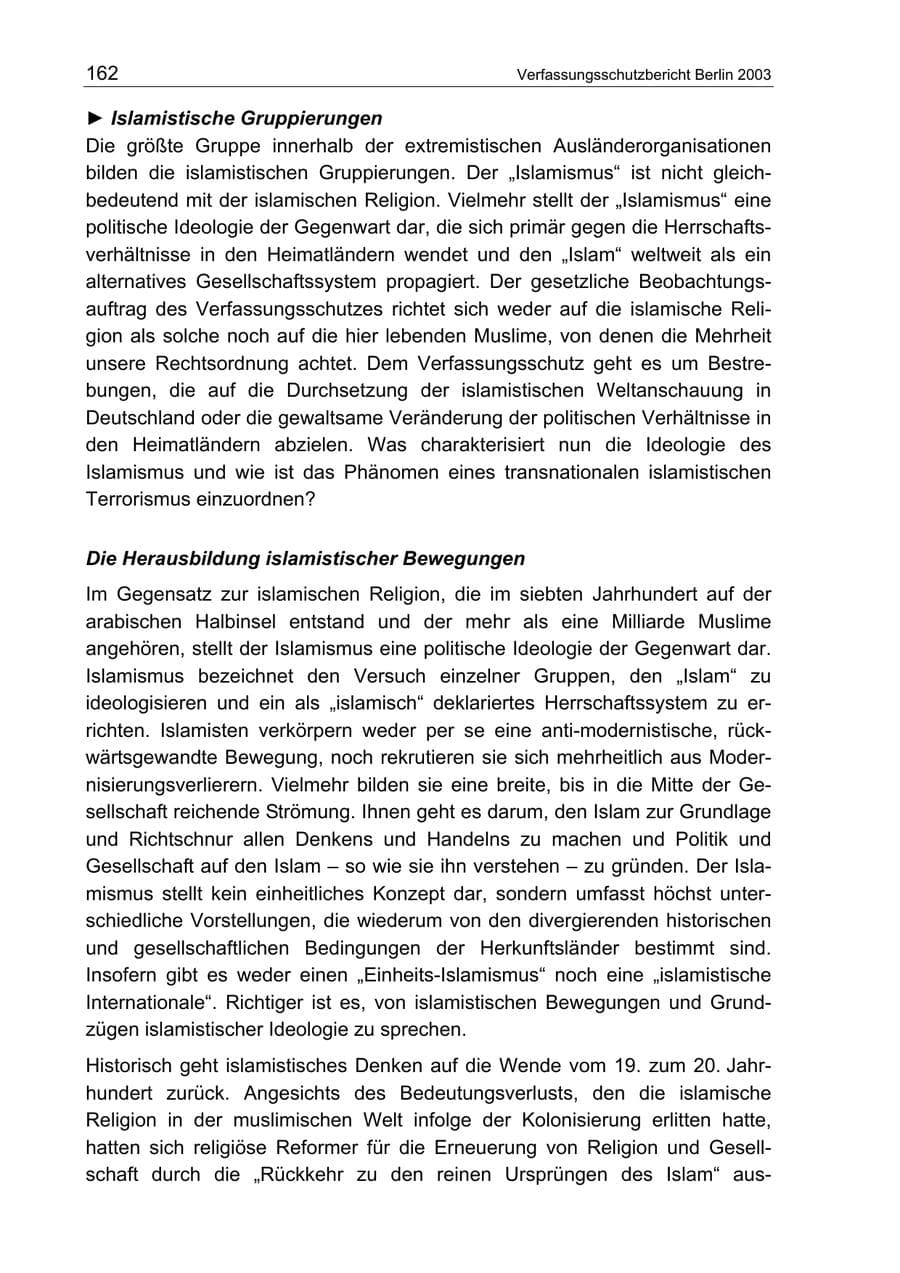 Seite 162 des Verfassungsschutzbericht 2003 Berlin
