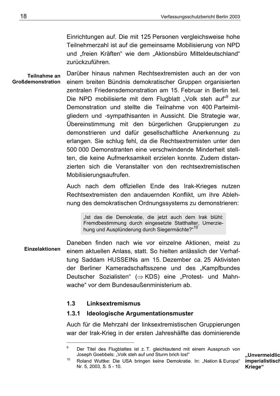 Seite 18 des Verfassungsschutzbericht 2003 Berlin