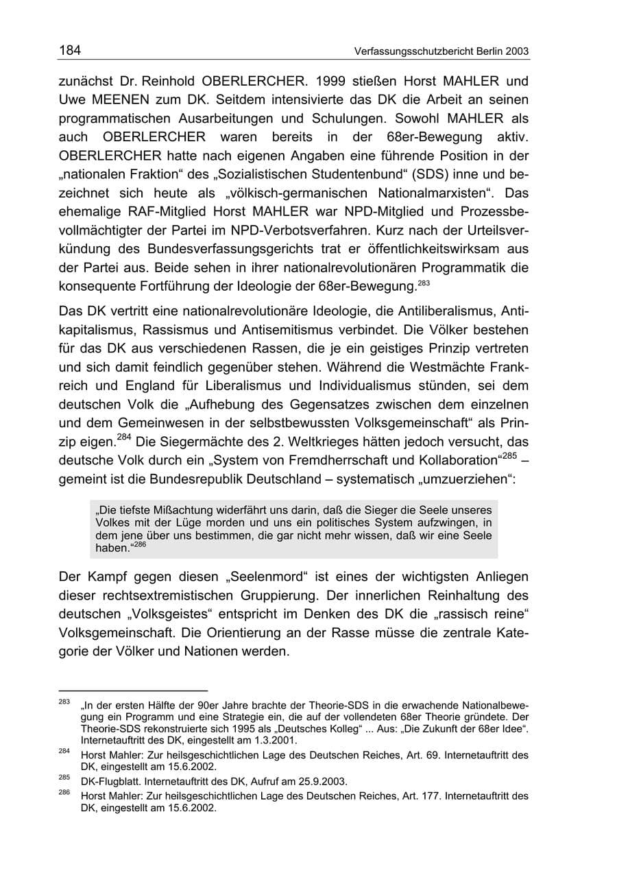 Seite 184 des Verfassungsschutzbericht 2003 Berlin