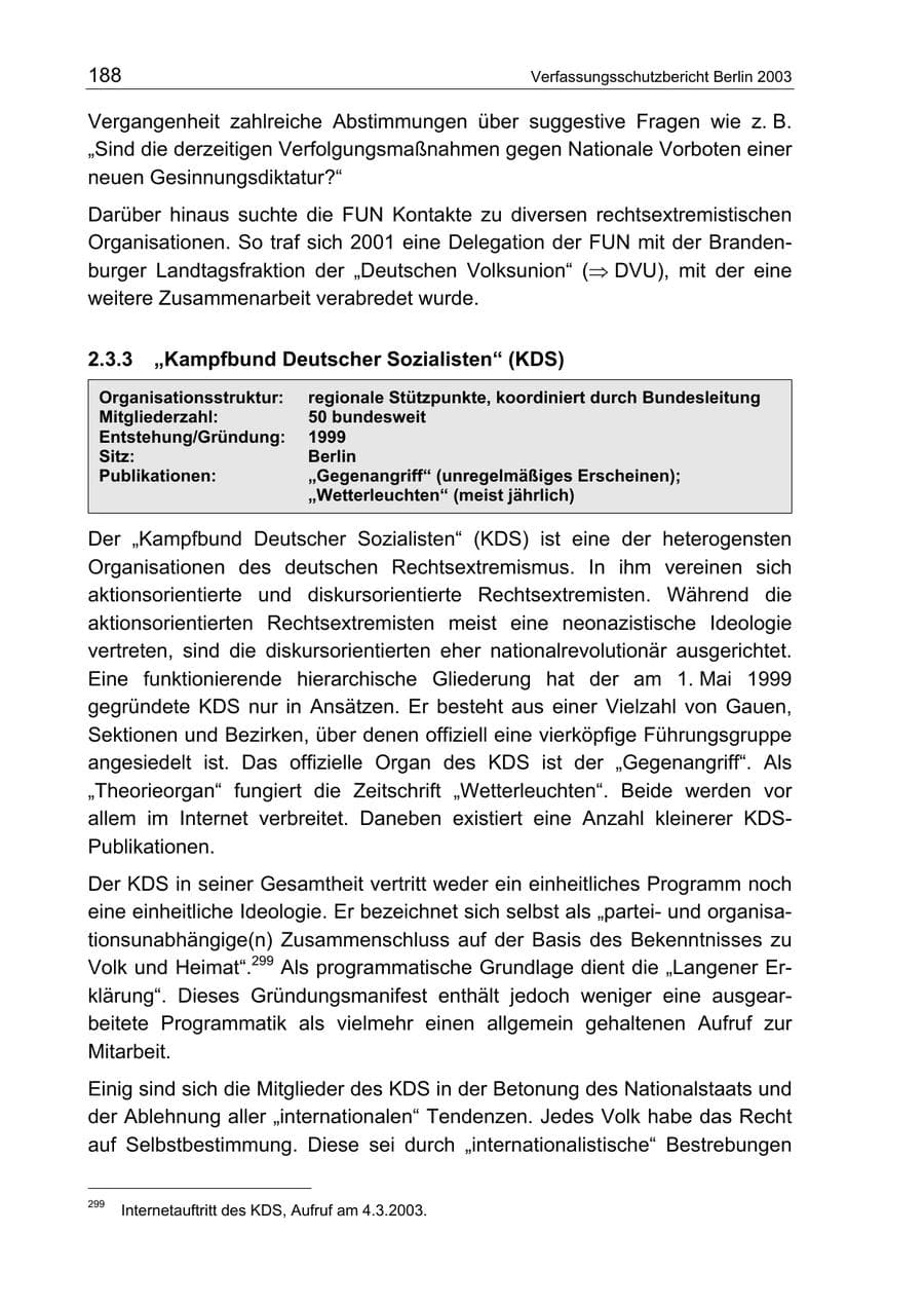 Seite 188 des Verfassungsschutzbericht 2003 Berlin