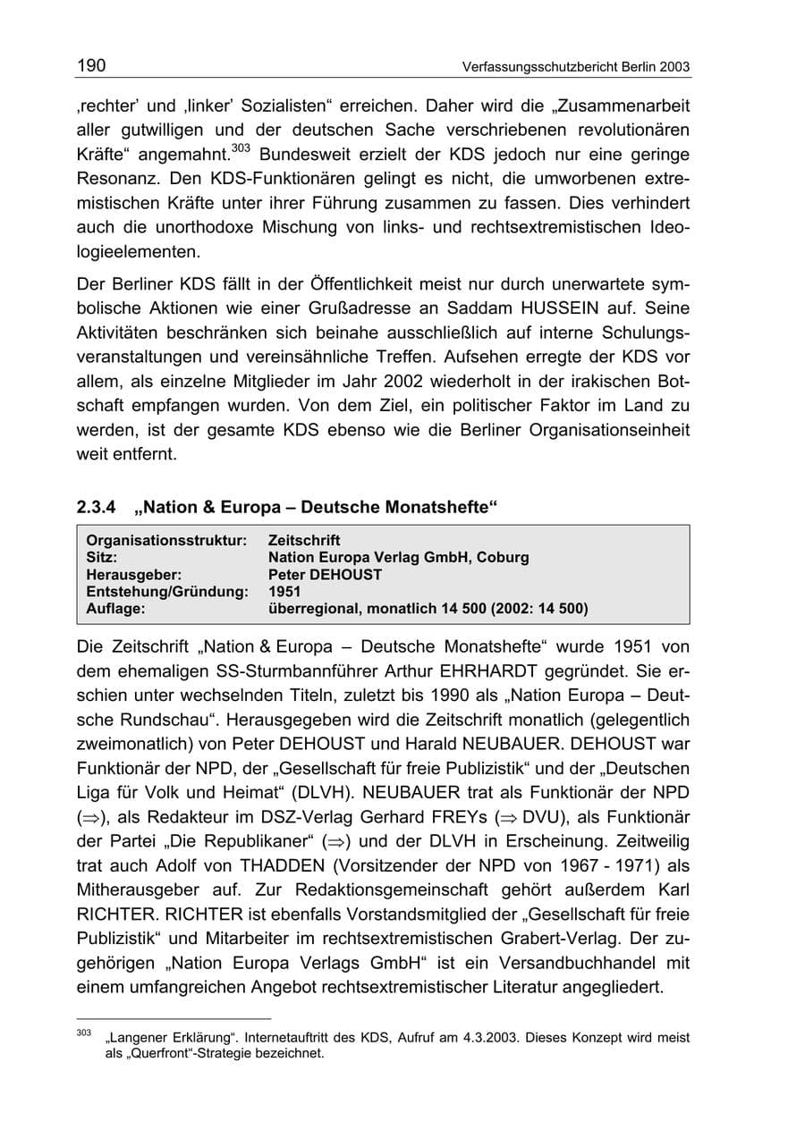 Seite 190 des Verfassungsschutzbericht 2003 Berlin