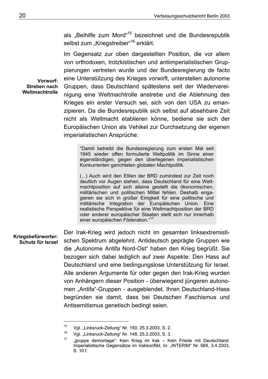 Seite 20 des Verfassungsschutzbericht 2003 Berlin