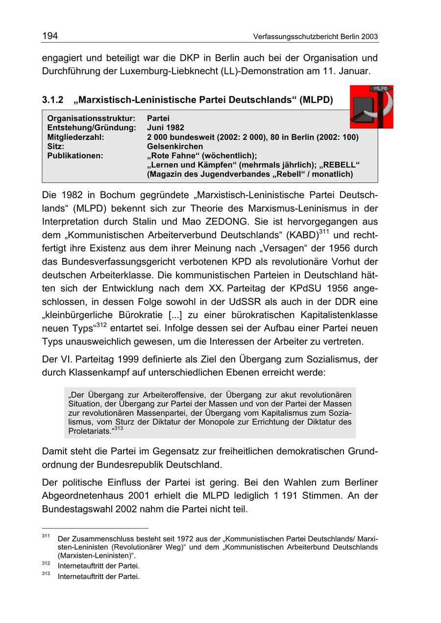 Seite 194 des Verfassungsschutzbericht 2003 Berlin