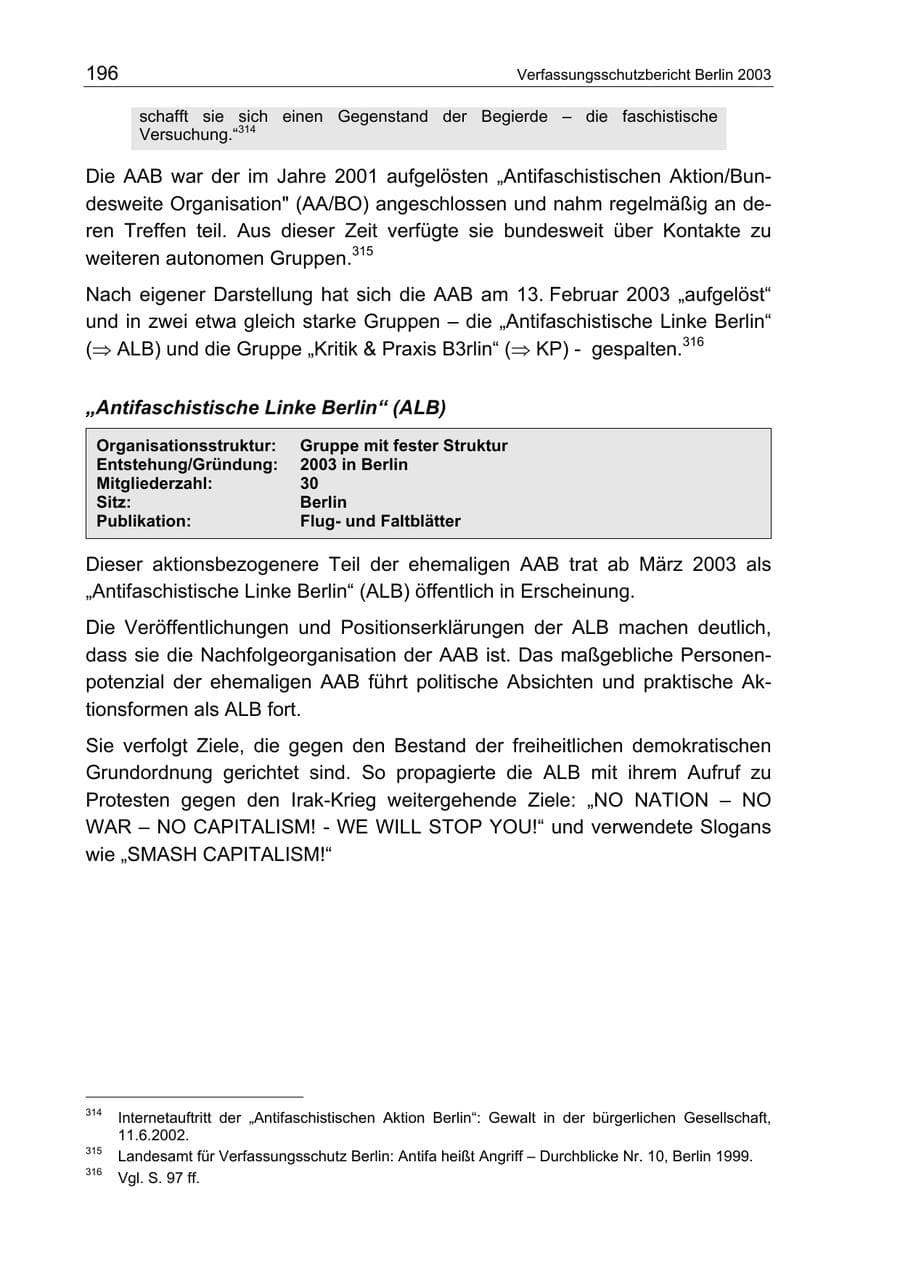 Seite 196 des Verfassungsschutzbericht 2003 Berlin