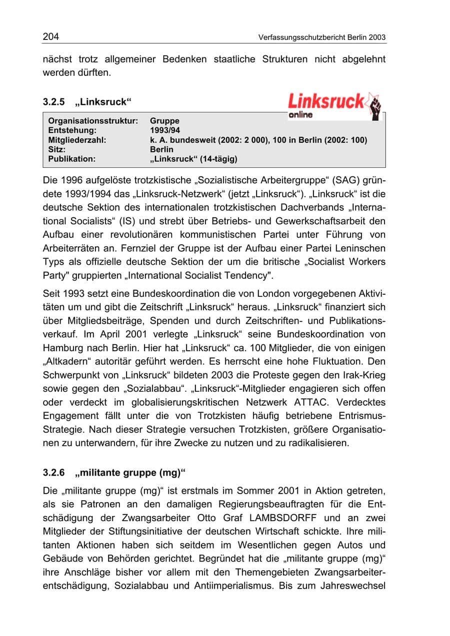 Seite 204 des Verfassungsschutzbericht 2003 Berlin