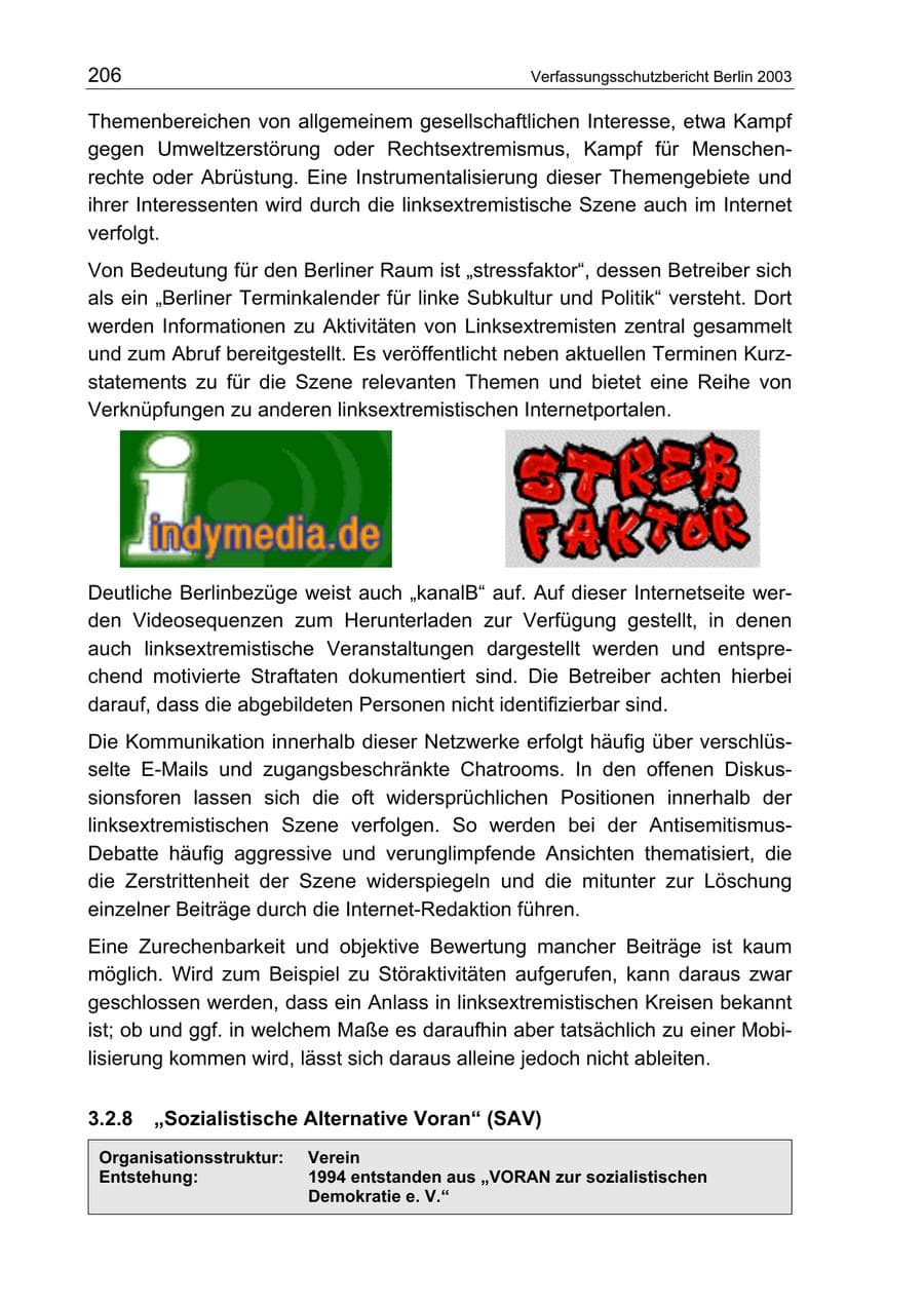Seite 206 des Verfassungsschutzbericht 2003 Berlin