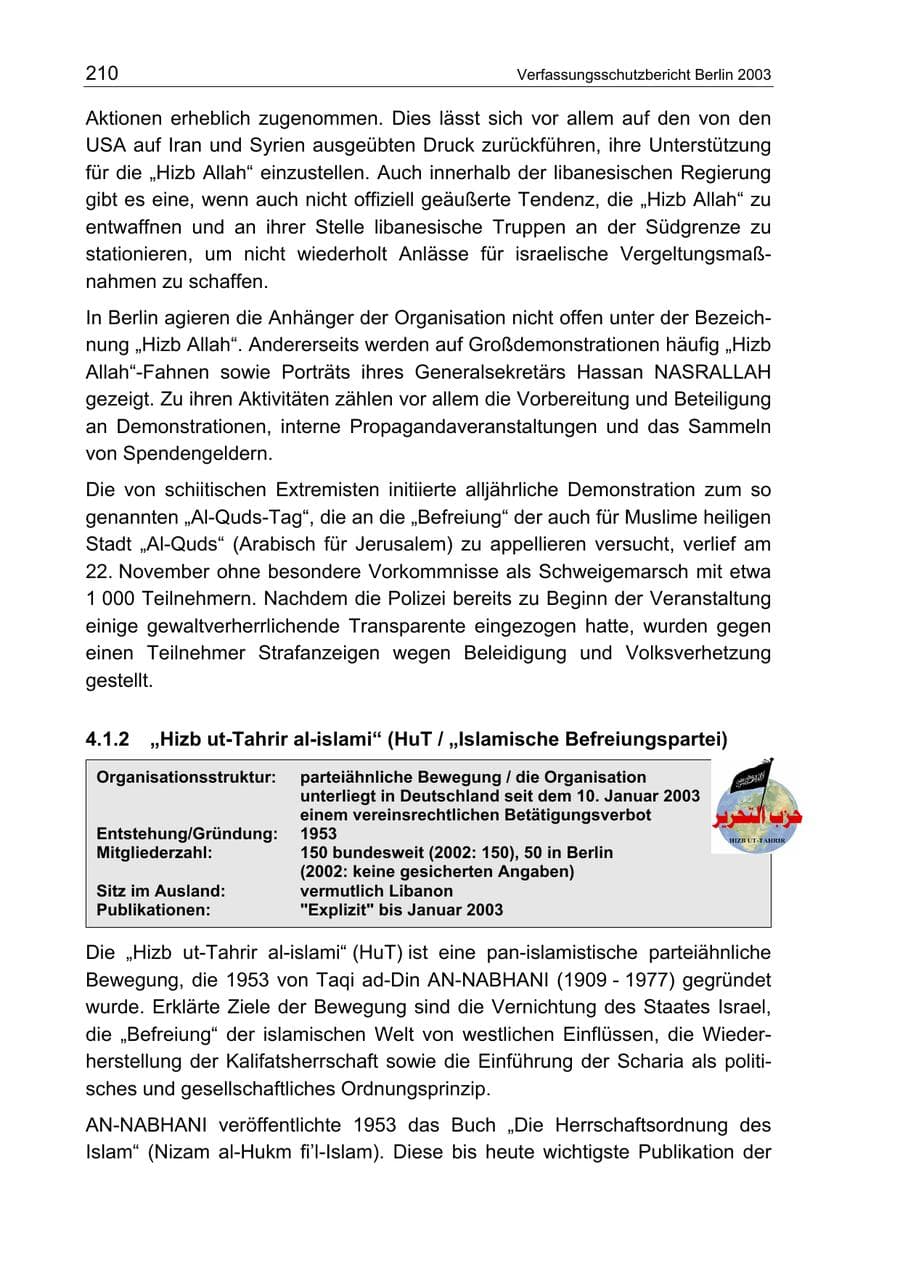 Seite 210 des Verfassungsschutzbericht 2003 Berlin