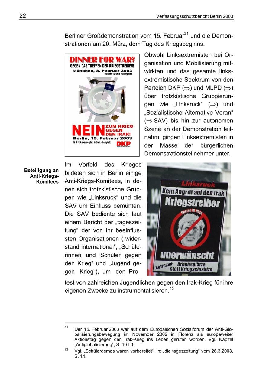 Seite 22 des Verfassungsschutzbericht 2003 Berlin