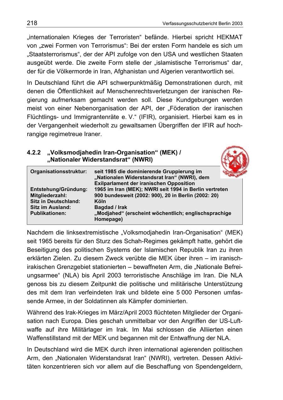 Seite 218 des Verfassungsschutzbericht 2003 Berlin