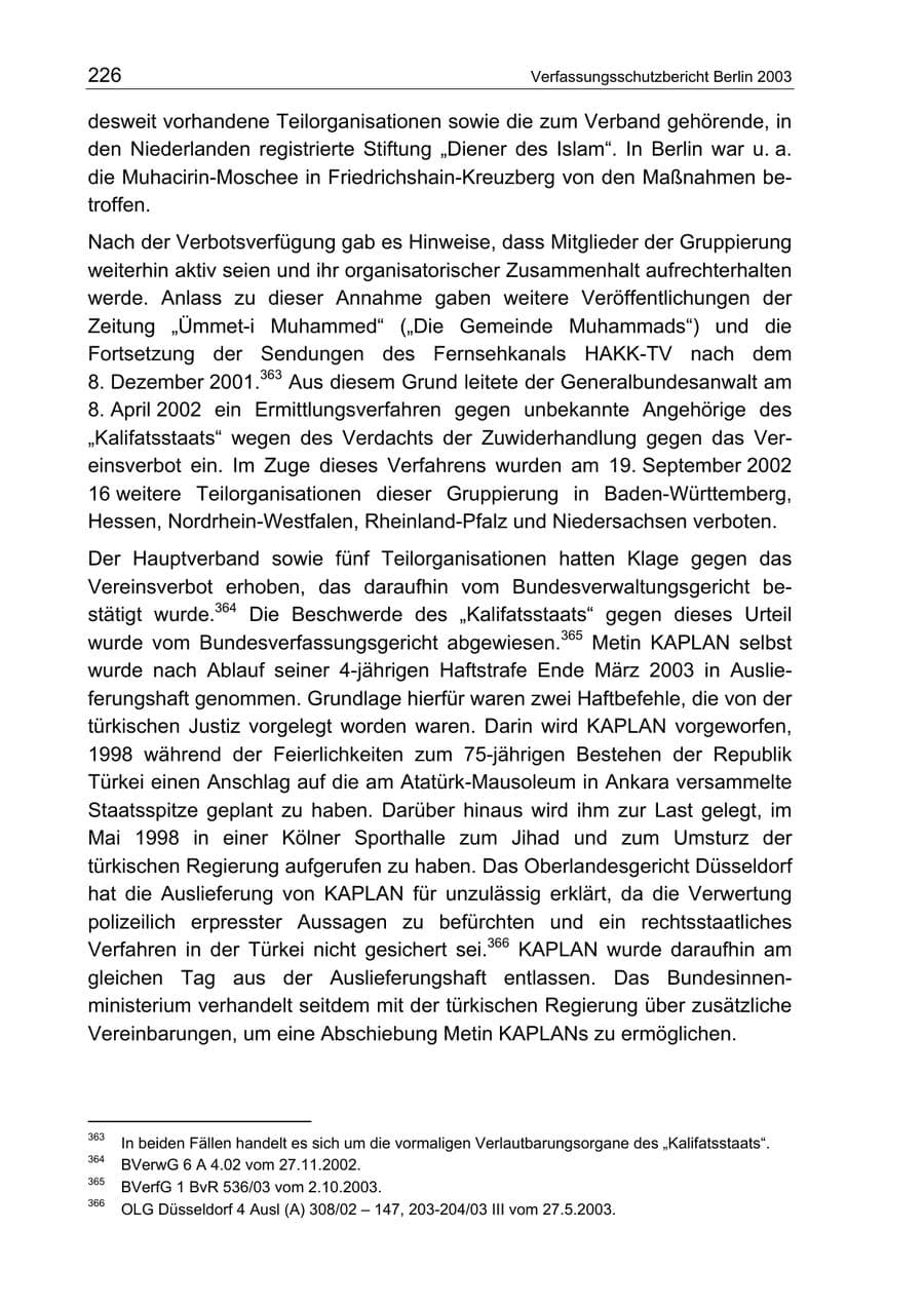 Seite 226 des Verfassungsschutzbericht 2003 Berlin